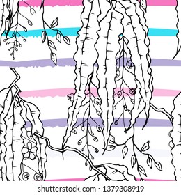 Tropical, modern stripes motif. Black and white summer jungle leaf on bright abstract shape brush line. Trending contrast seamless pattern vector background. Watercolor blobs and daubs, ink, stains.