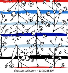 Tropical, modern stripes motif. Black and white summer jungle leaf on bright abstract shape brush line. Trending contrast seamless pattern vector background. Watercolor blobs and daubs, ink, stains.