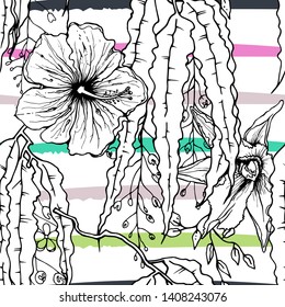 Tropical, modern stripes motif. Black and white summer jungle leaf on bright abstract shape brush line. Trending contrast seamless pattern vector background. Watercolor blobs and daubs, ink, stains.