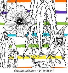Tropical, modern stripes motif. Black and white summer jungle leaf on bright abstract shape brush line. Trending contrast seamless pattern vector background. Watercolor blobs and daubs, ink, stains.