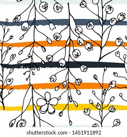 Tropical, modern stripes motif. Black and white summer jungle leaf on bright abstract shape brush line. Trending contrast seamless pattern vector background. Watercolor blobs and daubs, ink, stains.