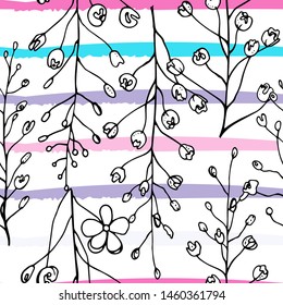Tropical, modern stripes motif. Black and white summer jungle leaf on bright abstract shape brush line. Trending contrast seamless pattern vector background. Watercolor blobs and daubs, ink, stains.