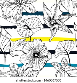 Tropical, modern stripes motif. Black and white summer jungle leaf on bright abstract shape brush line. Trending contrast seamless pattern vector background. Watercolor blobs and daubs, ink, stains.
