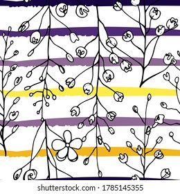 Tropical, modern stripes motif. Black and white summer jungle leaf on bright abstract shape brush line. Trending contrast seamless pattern vector background. Watercolor blobs and daubs, ink, stains.