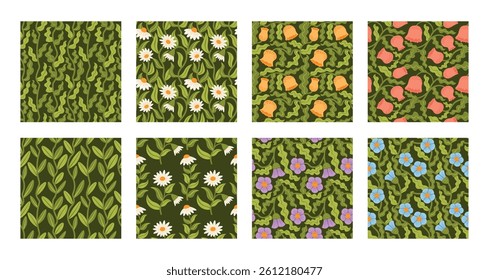 Tropical modern trendy seamless pattern set with leaves, flowers, daisies, botanical elements, plants, vines, creepers. Beautiful wallpaper collection for textiles, scrapbooking, interior.
