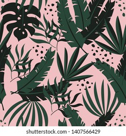 Tropical modern vector leaves seamless pattern on pink background. Exotic wallpaper.