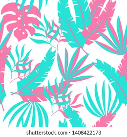 Tropical modern vector leaves seamless pattern on white background. Exotic wallpaper.