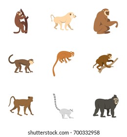 Tropical monkey icon set. Flat set of 9 tropical monkey vector icons for web isolated on white background