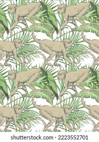Tropical monkey seamless pattern with palm leaves. Exotic forest print. Botanical wallpaper.