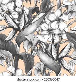 Tropical monochrome seamless pattern with exotic flowers. Bird of Paradise
