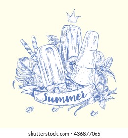 Tropical monochrome vector summer natural eco food background with fruit ice cream, summer food exotic menu card