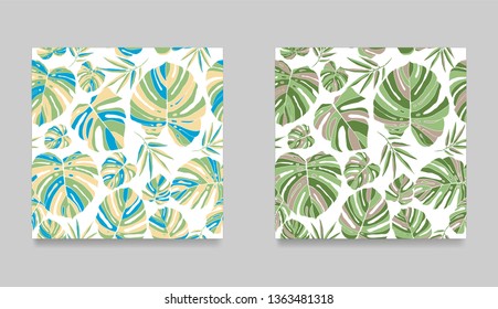 Tropical monstera blue green leaves seamless pattern white background set. Exotic floral wallpaper. Jungle plants - Vector.