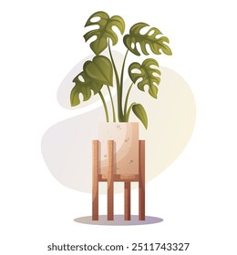 Tropical monstera houseplant on wooden stand. Green leafy plant in a beige pot. Perfect for home decor, botanical and gardening designs. Home gardening, potted plants concept. Vector illustration.