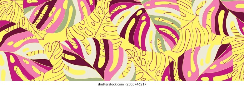 tropical monstera leaf banner header background wallpaper social media cover head vibrant colorful illustration texture graphic design art yellow pink green leaves exotic summer palm beach hawaii 