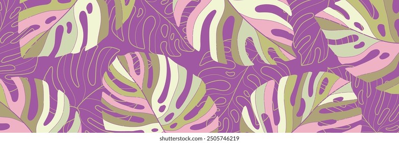 Tropical Monstera Leaf Anuncio Cabecera Fondo Fondo de pantalla Social Media Cubierta Cabeza vibrante Colorido Ilustración Textura Diseño gráfico Arte Púrpura Rosa Verde Hojas Exótico Verano Palm Beach Hawái Boho