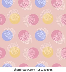 tropical monstera leaf with circles seamless vector pattern background. modern backdrop. 