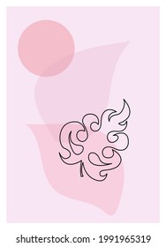 Tropical monstera leaf contour drawing and geometric shapes in pastel pink colors. Abstract background, modern minimalistic aesthetic illustrations, design for wall decor, cards, posters. 