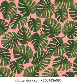 Tropical Monstera Leaf Pink Background Pattern.