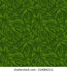 Tropical monstera leaf seamless pattern. Jungle leaves background. Repeated exotic design texture for printing, fabric, wrapping paper, fashion, interior, wallpaper, tissue. Vector illustration.