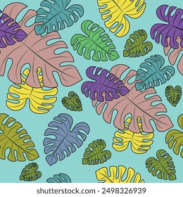 Tropical Monstera Leaf Seamless Pattern Design. Botanical Print. Flat Vector Artwork. 