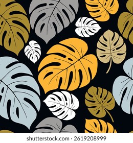 Tropical monstera folha padrão sem costura com folhas amarelas, brancas, cinzentas e verdes sobre fundo preto. Design botânico exótico e elegante. Textura de vetor sem fim folhosa. Para tecido, impressões, papel de parede.