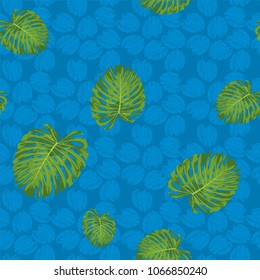 tropical monstera leaf vector seamless pattern with  blue tone background