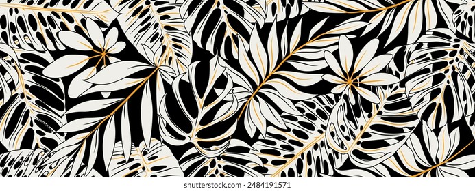 Hojas de Monstera tropical, negro, Plantilla blanca, diseño artístico de la cubierta, textura colorida, fondo moderno. Plantilla mínima, folleto gráfico. Ilustración de lujo