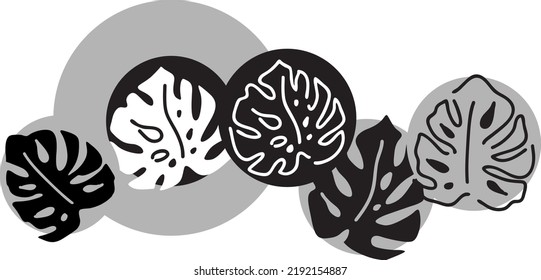 Tropical monstera leaves decorative composition for poster print, wallpaper, postcard, logo design to beauty spa salon. Summer holiday, botanical, travel theme. Colorful silhouette vector illustration