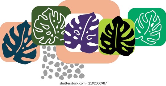 Tropical monstera leaves decorative composition for poster print, wallpaper, postcard, logo design to beauty spa salon. Summer holiday, botanical, travel theme. Colorful silhouette vector illustration