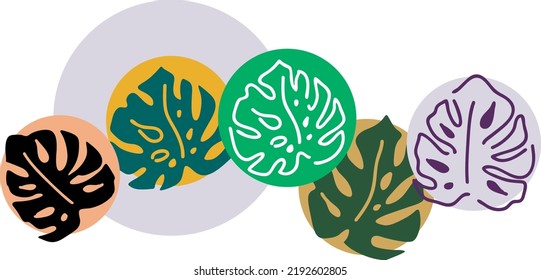 Tropical monstera leaves decorative composition for poster print, wallpaper, postcard, logo design to beauty spa salon. Summer holiday, botanical, travel theme. Colorful silhouette vector illustration