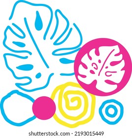 La monstera tropical deja la composición decorativa para la impresión de afiches, papel pintado, postales, diseño de logo al salón de belleza. Vacaciones de verano, botánicas, tema de viajes. Ilustración de vector de silueta colorida