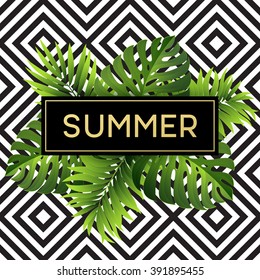 Tropical monstera leaves design for text card. Vector illustration EPS10