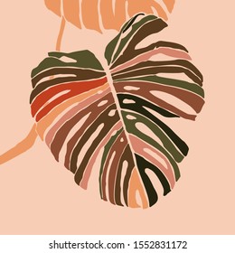 Tropical monstera leaves in a minimalist trendy style. Silhouette of a plant in a contemporary simple abstract style. Vector illustration collage. For t-Shirt Print, card, poster, social media post