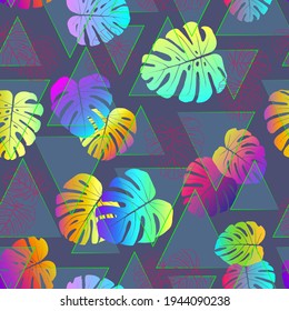 Tropical monstera leaves in neon colors. Seamless pattern