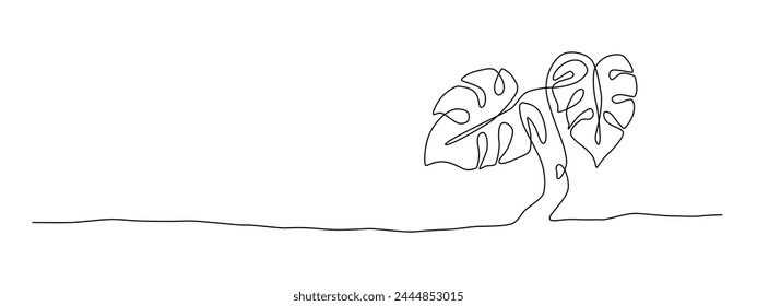 Tropical monstera leaves in one continuous line drawing. Vector single line art, black contour stroke. Jungle leaf isolated element, modern aesthetic print, minimal botanical illustration.
