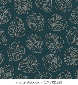 Tropical Monstera Leaves Seamless Pattern. Vector floral background in a trendy minimalistic linear style in dark green and pink colors for printing packaging, fabric, t-shirts, covers, posters