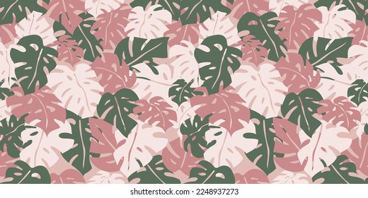 Tropical monstera leaves seamless pattern. Vector design of pink and green tropical leaves background for fabric, paper, cover, wallpaper, interior decor, and other use. Vector illustration