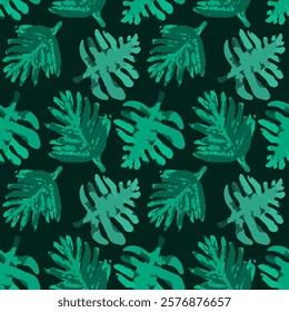 Tropical Monstera Leaves Seamless Pattern on Dark Background