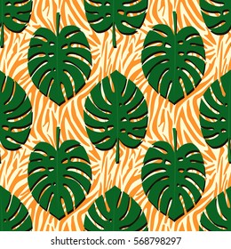 Tropical monstera leaves seamless pattern on orange zebra background. Palm leaves background. Trendy Jungle illustration. Fashion design for textile, wallpaper, fabric, decor