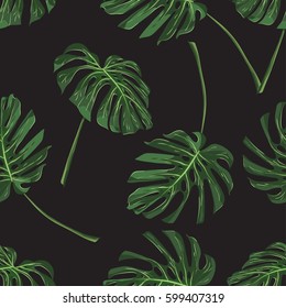 Tropical monstera leaves seamless pattern on black