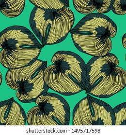 Tropical Monstera Leaves Seamless Patterns. Exotic Beach Drawings. Monstera Leaf Wallpaper. Retro Hawaiian Print.