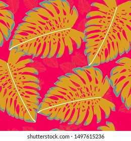 Tropical Monstera Leaves Seamless Patterns. Exotic Beach Drawings. Monstera Leaf Wallpaper. Retro Hawaiian Print.