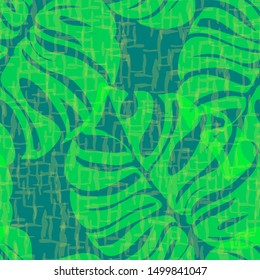 Tropical Monstera Leaves Seamless Patterns. Exotic Beach Drawings. Monstera Leaf Wallpaper. Retro Hawaiian Print.