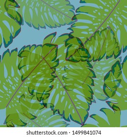 Tropical Monstera Leaves Seamless Patterns. Exotic Beach Drawings. Monstera Leaf Wallpaper. Retro Hawaiian Print.