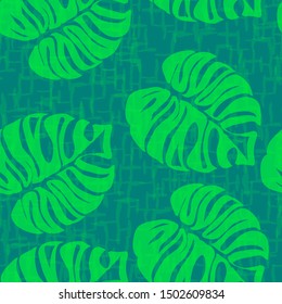 Tropical Monstera Leaves Seamless Patterns. Exotic Beach Drawings. Monstera Leaf Wallpaper. Retro Hawaiian Print.