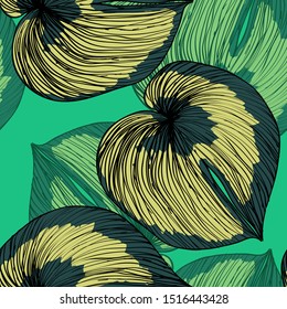 Tropical Monstera Leaves Seamless Patterns. Exotic Beach Drawings. Monstera Leaf Wallpaper. Retro Hawaiian Print.