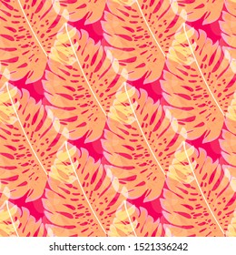 Tropical Monstera Leaves Seamless Patterns. Exotic Beach Drawings. Monstera Leaf Wallpaper. Retro Hawaiian Print.
