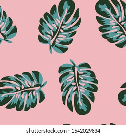 Tropical Monstera Leaves Seamless Patterns. Exotic Beach Drawings. Monstera Leaf Wallpaper. Retro Hawaiian Print.