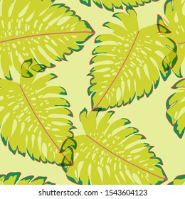 Tropical Monstera Leaves Seamless Patterns. Exotic Beach Drawings. Monstera Leaf Wallpaper. Retro Hawaiian Print.