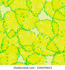 Tropical Monstera Leaves Seamless Patterns. Exotic Beach Drawings. Monstera Leaf Wallpaper. Retro Hawaiian Print.